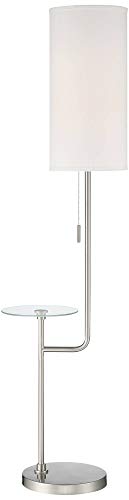 Possini Euro Design Piccolo Modern Floor Lamp with Tray End Table 60 1/2" Tall Brushed Nickel Silver Tempered Glass White Cylinder Shade Decor for Living Room Reading House Bedroom Office