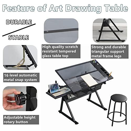Gynsseh Glass Drafting Table Drawing Desk with Stool, Height Adjustable Art Desk for Adults/Artists, Tiltable Tabletop Professional Art Table Paintings Desk for Home Office School (Black)