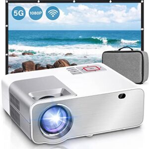 CHIMOCEE 5G WiFi Projector, 9500 Lumens Native 1080P Full HD, Outdoor&Commercial Movie with Speakers, Compatible HDMI/USB/TF/Android/iOS, [100''Screen Included], WHITE, p6-1