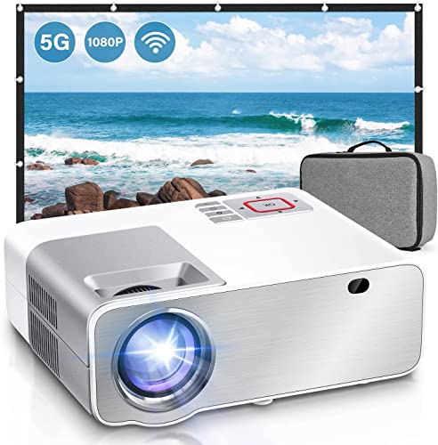 CHIMOCEE 5G WiFi Projector, 9500 Lumens Native 1080P Full HD, Outdoor&Commercial Movie with Speakers, Compatible HDMI/USB/TF/Android/iOS, [100''Screen Included], WHITE, p6-1