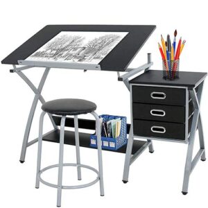 homgarden adjustable drawing desk drafting table folding art craft table station w/stool and 3 storage drawers