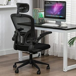 aleavic ergonomic office chair, high back office chair, home office desk chair, breathable mesh office chair, comfort swivel task chair with flip-up arms and adjustable height (black)