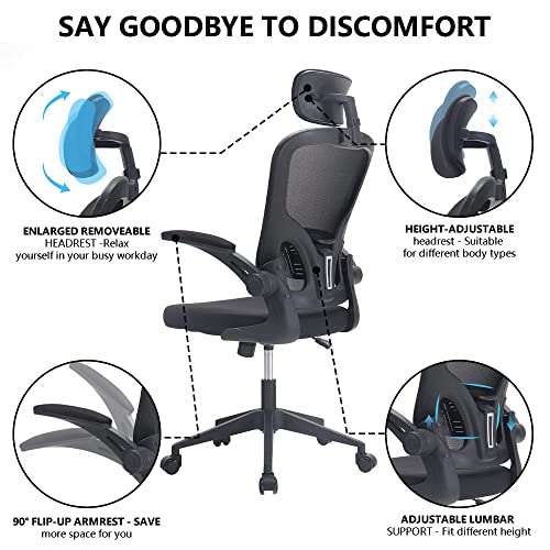 ALEAVIC Ergonomic Office Chair, High Back Office Chair, Home Office Desk Chair, Breathable Mesh Office Chair, Comfort Swivel Task Chair with Flip-up Arms and Adjustable Height (Black)