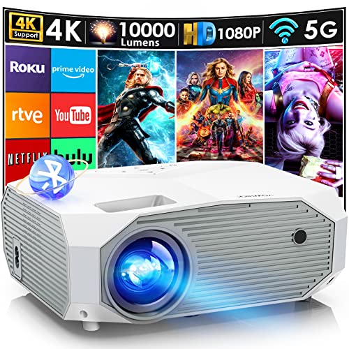 YOWHICK Projector with 5G WiFi Bluetooth, Native 1080P 10000 Lumen HD Outdoor Video Projector Support 4K, Home Theater Movie Projector Compatible with HDMI, VGA, USB, Laptop, iOS Android Phone, White