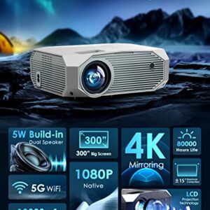 YOWHICK Projector with 5G WiFi Bluetooth, Native 1080P 10000 Lumen HD Outdoor Video Projector Support 4K, Home Theater Movie Projector Compatible with HDMI, VGA, USB, Laptop, iOS Android Phone, White