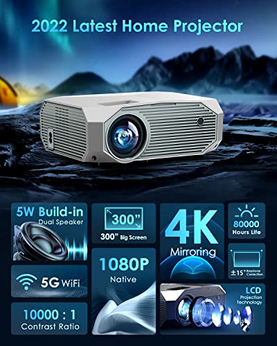 YOWHICK Projector with 5G WiFi Bluetooth, Native 1080P 10000 Lumen HD Outdoor Video Projector Support 4K, Home Theater Movie Projector Compatible with HDMI, VGA, USB, Laptop, iOS Android Phone, White