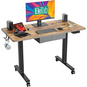 eletab 48 x 24 inch electric standing desk with drawer, stand up desk adjustable height for home office, sit stand computer desk, ergonomic workstation black steel frame/rustic brown tabletop