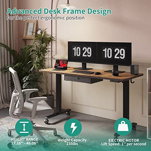EleTab 48 x 24 Inch Electric Standing Desk with Drawer, Stand up Desk Adjustable Height for Home Office, Sit Stand Computer Desk, Ergonomic Workstation Black Steel Frame/Rustic Brown Tabletop