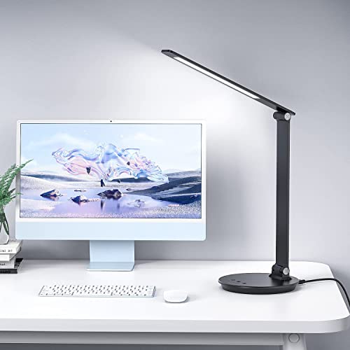 Mongery LED Desk Lamp, Table Lamp with Touch Control USB Charging, Eye-Caring Desk Lamp Aluminum Multiple Angle Adjustments LED Light for Office, Home, Reading and More, Black