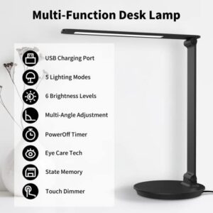 Mongery LED Desk Lamp, Table Lamp with Touch Control USB Charging, Eye-Caring Desk Lamp Aluminum Multiple Angle Adjustments LED Light for Office, Home, Reading and More, Black