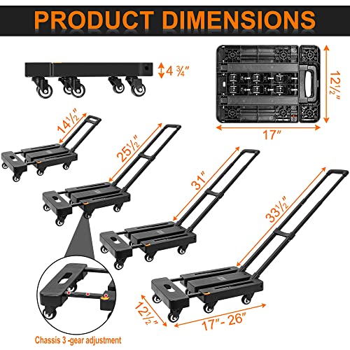 ITHWIU 500 LB Heavy Duty Folding Hand Truck with 6 Wheels Solid Construction Compact and Utility Luggage Cart for Luggage/Personal/Shopping/Auto/Moving & Office Use – Stretchable, Black