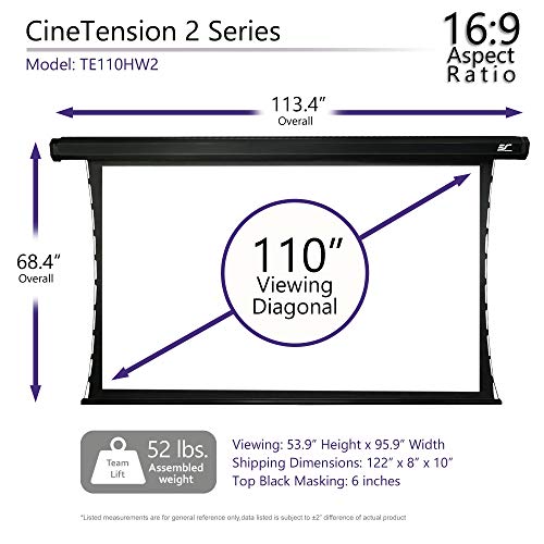 Elite Screens CineTension 2, 110-inch Diagonal 16:9, 4K/8K Tab-Tensioned Electric Drop Down Projection Projector Screen, TE110HW2