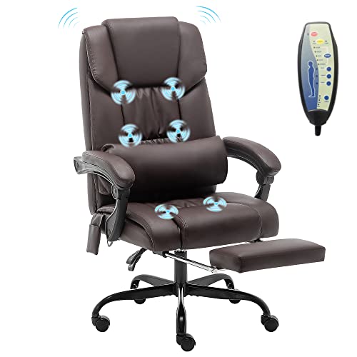 MELLCOM Massage Office Chair with Extendable Footrest, Pu Leather Executive 6 Pointed Vibrating Computer Gaming Chair with Headrest Support, Adjustable Back Recline, Brown