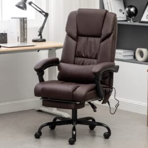 mellcom massage office chair with extendable footrest, pu leather executive 6 pointed vibrating computer gaming chair with headrest support, adjustable back recline, brown