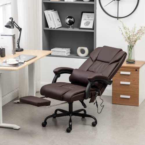 MELLCOM Massage Office Chair with Extendable Footrest, Pu Leather Executive 6 Pointed Vibrating Computer Gaming Chair with Headrest Support, Adjustable Back Recline, Brown