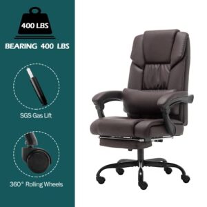 MELLCOM Massage Office Chair with Extendable Footrest, Pu Leather Executive 6 Pointed Vibrating Computer Gaming Chair with Headrest Support, Adjustable Back Recline, Brown
