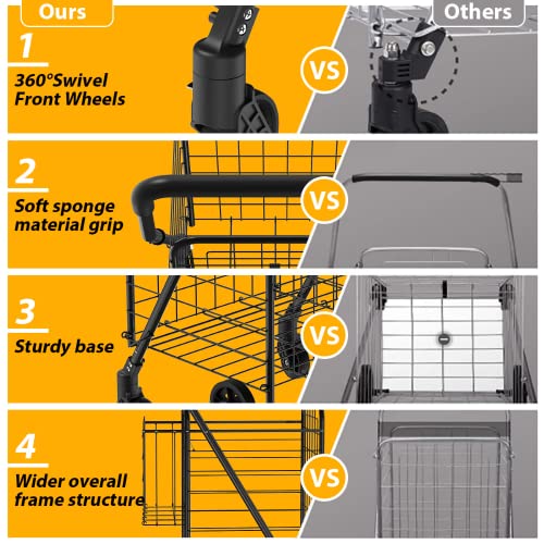 Extra Large Folding Shopping Cart, Grocery Cart, Utility Cart with Double Basket & Swivel Wheels, Shopping Cart for Groceries, Laundry, Books, Luggage, Travel, Easy to Assemble