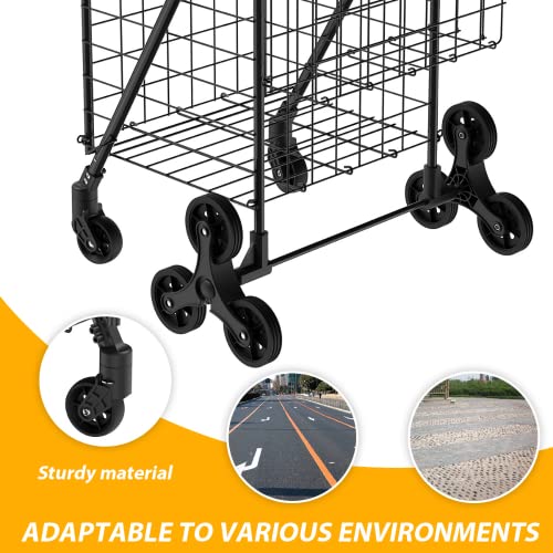 Extra Large Folding Shopping Cart, Grocery Cart, Utility Cart with Double Basket & Swivel Wheels, Shopping Cart for Groceries, Laundry, Books, Luggage, Travel, Easy to Assemble