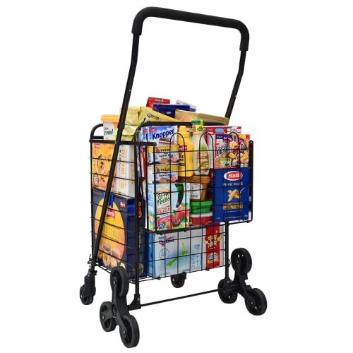 Extra Large Folding Shopping Cart, Grocery Cart, Utility Cart with Double Basket & Swivel Wheels, Shopping Cart for Groceries, Laundry, Books, Luggage, Travel, Easy to Assemble