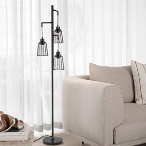 Dimmable Floor Lamp, 3 Edison Bulbs Included, 3-Light Farmhouse Industrial Standing Tree Lamp Industrial Floor Lamp with Elegant Teardrop Cage Heads Tall Lamps for Bedroom Office Dining Room