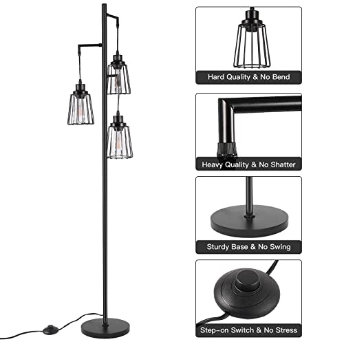 Dimmable Floor Lamp, 3 Edison Bulbs Included, 3-Light Farmhouse Industrial Standing Tree Lamp Industrial Floor Lamp with Elegant Teardrop Cage Heads Tall Lamps for Bedroom Office Dining Room