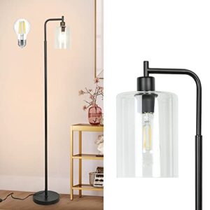 depuley black floor lamp, industrial led floor lamps with hanging glass shade, farmhouse standing lamp modern tall pole lighting for living room, bedroom, office, study room, e26 bulb included