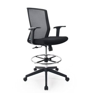 ergonomic mid-back mesh adjustable drafting chair with foot ring, standing-desk matched tall swivel computer office stool, black