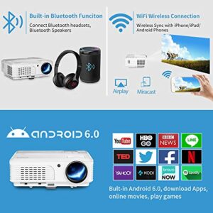 1080P WiFi Projector Android Full HD Movie Projector Home Cinema with Bluetooth HDMI 7500Lumen USB RCA LCD Smart TV Projector Wireless iOS Mirroring Phone Projectors Outdoor Indoor Gaming