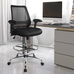 drafting chair, height adjustable tall office chair, standing desk chair with adjustable foot ring and flip-up arms, black