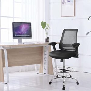 Drafting Chair, Height Adjustable Tall Office Chair, Standing Desk Chair with Adjustable Foot Ring and Flip-Up Arms, Black