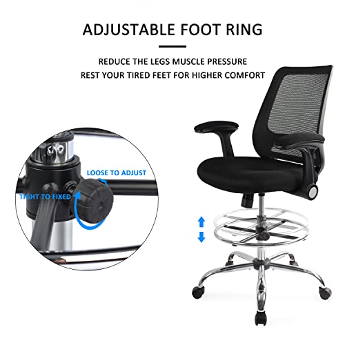 Drafting Chair, Height Adjustable Tall Office Chair, Standing Desk Chair with Adjustable Foot Ring and Flip-Up Arms, Black