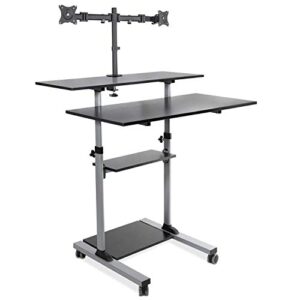 mount-it! mobile standing desk with dual monitor mount – 40 inch wide height adjustable rolling computer workstation with four wheels,