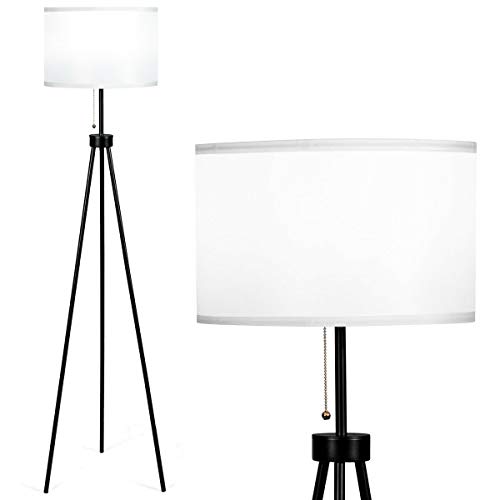 Tangkula 60.5" Metal Tripod Floor Lamp, Contemporary Minimalist Standing Floor Light with Iron Legs, Fabric Drum Shade, E26 Lamp Base, Mid Century Modern Reading Light for Living Room, Bedroom