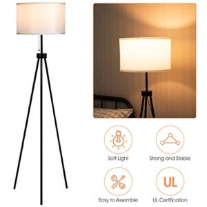 Tangkula 60.5" Metal Tripod Floor Lamp, Contemporary Minimalist Standing Floor Light with Iron Legs, Fabric Drum Shade, E26 Lamp Base, Mid Century Modern Reading Light for Living Room, Bedroom