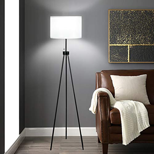 Tangkula 60.5" Metal Tripod Floor Lamp, Contemporary Minimalist Standing Floor Light with Iron Legs, Fabric Drum Shade, E26 Lamp Base, Mid Century Modern Reading Light for Living Room, Bedroom