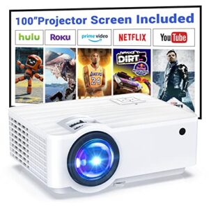 projector, outdoor movie projector with screen, full hd 1080p and 240″ supported, portable projector compatible with phone, sd card, fire stick, ps5(100” projector screen included)