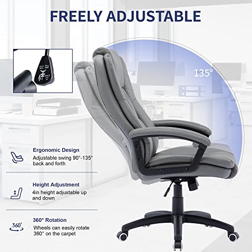 High Back Big and Tall Leather Office Chair, Ergonomic Grey Executive Chair, Comfortable Padded Office Chair Adjustable Height Bonded Leather Chairs with Cushions Armrest for Long Time Seating (Grey)