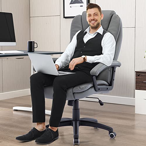 High Back Big and Tall Leather Office Chair, Ergonomic Grey Executive Chair, Comfortable Padded Office Chair Adjustable Height Bonded Leather Chairs with Cushions Armrest for Long Time Seating (Grey)