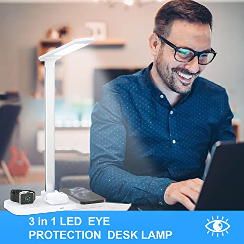 EMIE LED Desk Lamp with Wireless Charger, 15W Fast Wireless Charging Table Lamps for Home Office , 3 in 1 Multifunction Touch Control 3 Lighting Modes Eye-Caring Study Desk Light for Dorm Bedroom