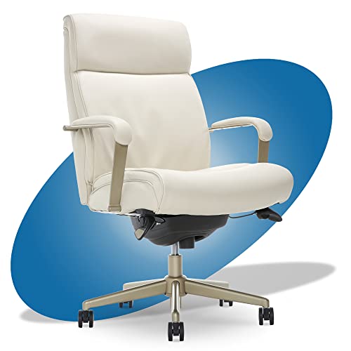 La-Z-Boy Melrose Executive Office, Adjustable High Back Ergonomic Computer Chair with Lumbar Support, Brass Finish, Ivory White Bonded Leather 30D x 25.25W x 40.25H Inch