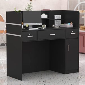 agoteni reception desk reception stations with open shelf & drawers, wooden counter desk with lockable drawer for office reception room (black)