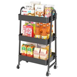 wisdom star 3 tier utility rolling cart, heavy-duty mesh storage cart with locking wheels, metal mobile trolley cart for home, kitchen, bathroom, office，black
