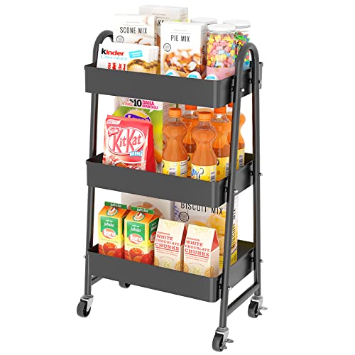 Wisdom Star 3 Tier Utility Rolling Cart, Heavy-Duty Mesh Storage Cart with Locking Wheels, Metal Mobile Trolley Cart for Home, Kitchen, Bathroom, Office，Black
