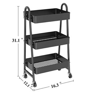 Wisdom Star 3 Tier Utility Rolling Cart, Heavy-Duty Mesh Storage Cart with Locking Wheels, Metal Mobile Trolley Cart for Home, Kitchen, Bathroom, Office，Black