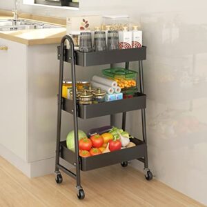 Wisdom Star 3 Tier Utility Rolling Cart, Heavy-Duty Mesh Storage Cart with Locking Wheels, Metal Mobile Trolley Cart for Home, Kitchen, Bathroom, Office，Black