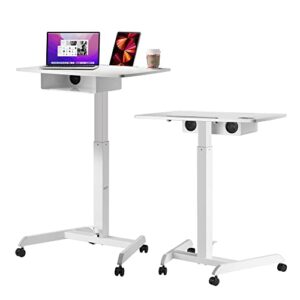 avlt 44″ height adjustable foot pedal rolling desk with shelf (3 ft 8 inches) – pneumatic laptop standing desk cart – mobile laptop cart – white computer projector cart with brake casters