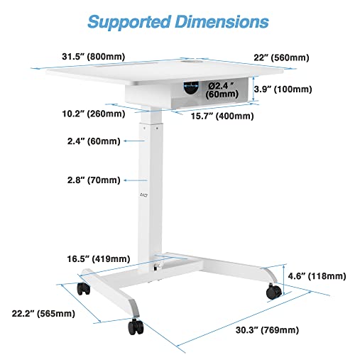 AVLT 44" Height Adjustable Foot Pedal Rolling Desk with Shelf (3 ft 8 inches) - Pneumatic Laptop Standing Desk Cart - Mobile Laptop Cart - White Computer Projector Cart with Brake Casters