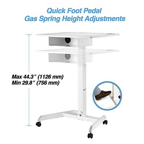AVLT 44" Height Adjustable Foot Pedal Rolling Desk with Shelf (3 ft 8 inches) - Pneumatic Laptop Standing Desk Cart - Mobile Laptop Cart - White Computer Projector Cart with Brake Casters