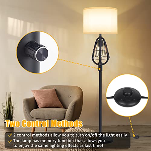 Farmhouse Floor Lamp with Night Light - Modern Standing Lamp for Living Room, 2-Light Industrial Tall Lamp with White Drum Shade, Black Pole Light & Stand up Lamp for Bedroom Office,Home, Reading