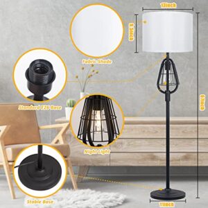 Farmhouse Floor Lamp with Night Light - Modern Standing Lamp for Living Room, 2-Light Industrial Tall Lamp with White Drum Shade, Black Pole Light & Stand up Lamp for Bedroom Office,Home, Reading